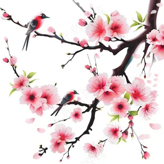 春天桃花树枝小鸟插画免抠