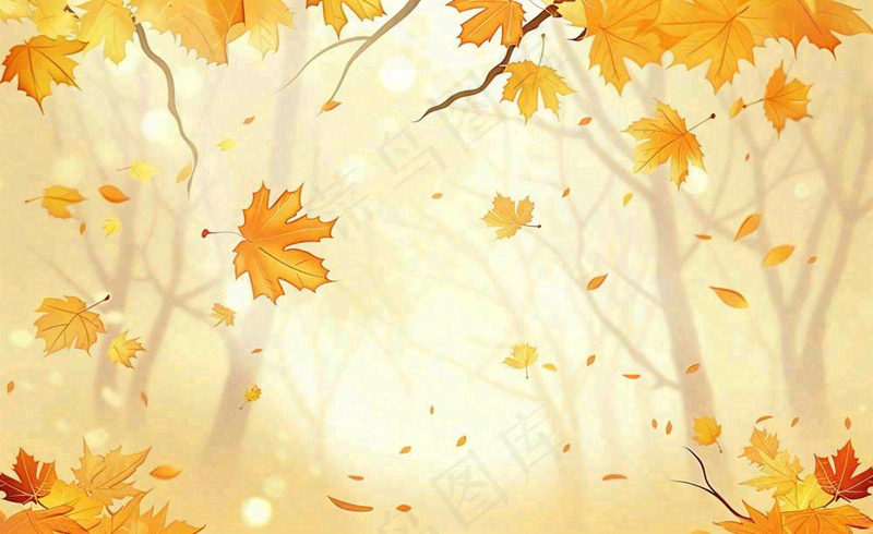 秋天红了的枫叶枫树落叶飘零立秋秋分黄色卡通插画背景