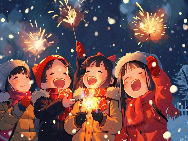 孩童儿童一起放烟花场景开心热闹庆祝新年春节小年除夕夜卡通插画背景(1232x928)