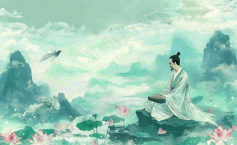 古风屈原人物山水画荷花端午时节中国风水墨插画背景(1408x864)