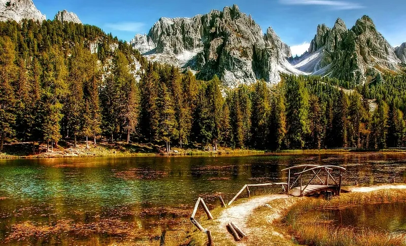 湖光山色间的木桥