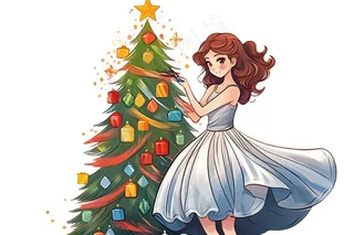 女孩装饰圣诞树可爱卡通插画免抠