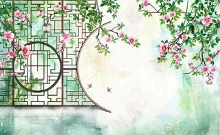 古风工笔画插画海棠樱花花鸟植物立春春天山水风景水彩背景