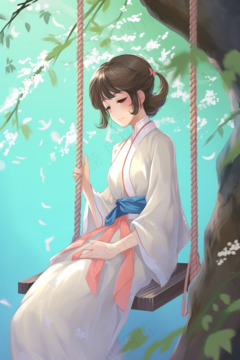 春天梨花树下秋千的少女古风汉服服饰卡通插画背景(2688x4032)