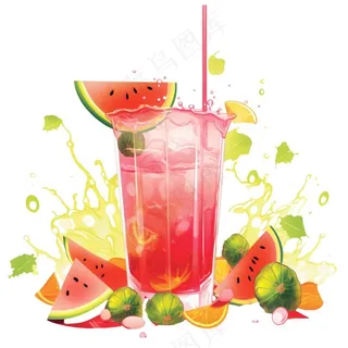 西瓜汁冰镇饮料水果茶卡通插画插图免抠