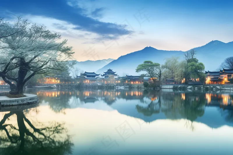 古风古城小镇夕阳美景湖面倒影村庄摄影图(4032x2688)