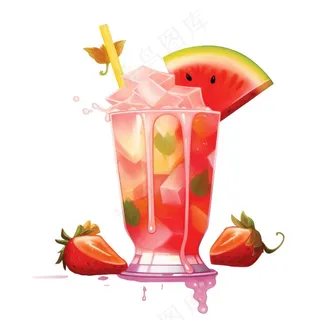 西瓜汁冰镇饮料水果茶卡通插画插图免抠