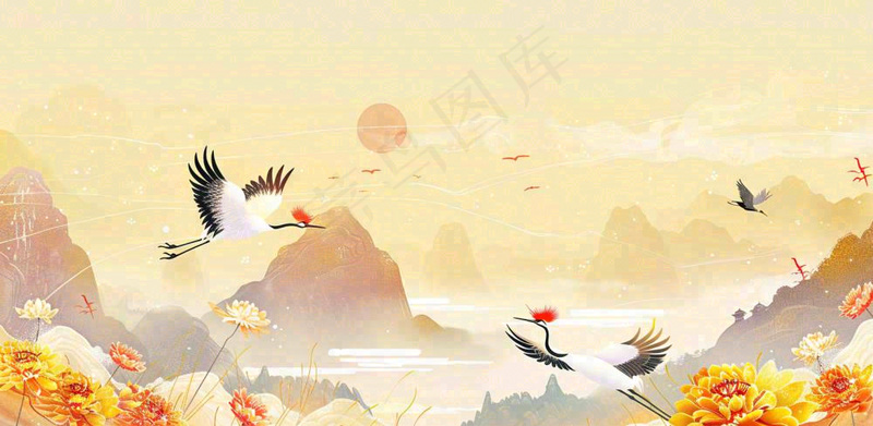 国潮风重阳菊花仙鹤山水场景插画中秋背景(1568x768)