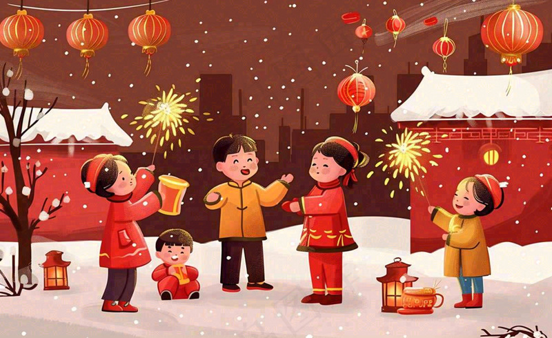 卡通新年除夕夜孩童放烟花鞭炮团聚喜庆春节插画过年背景