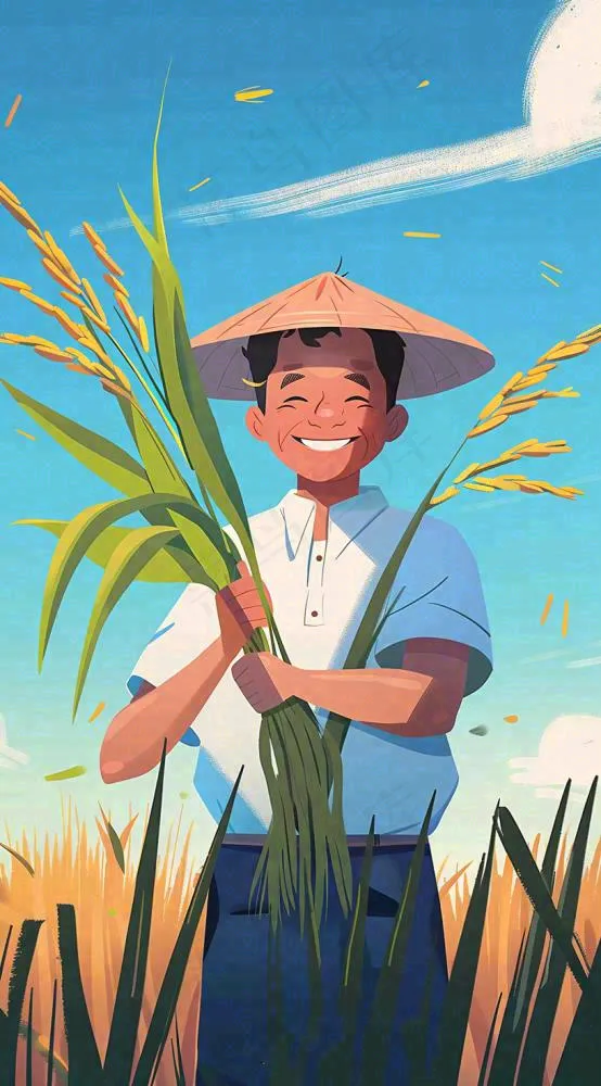 农民抱着一束水稻稻穗农田小满芒种插画背景(816x1472)