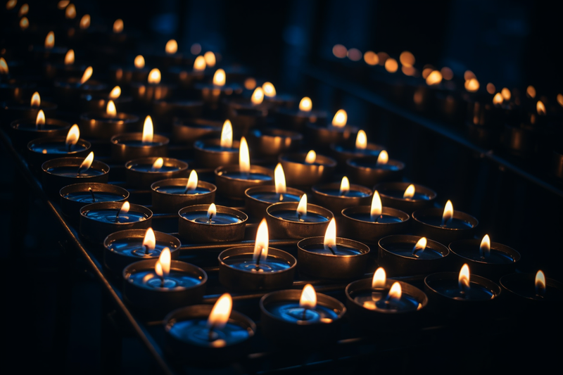 rows of lit candles in a dark room, a picture by Niko Henrichon, pexels, baroque, dark lit candles, lit candles, lit with candles (4032x2688)