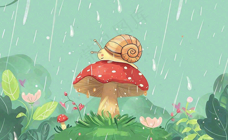 春天雨水蘑菇上的蜗牛森林惊蛰谷雨插画背景(1408x864)