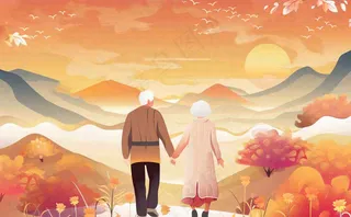 重阳节黄昏老人登高望远背影卡通插画背景