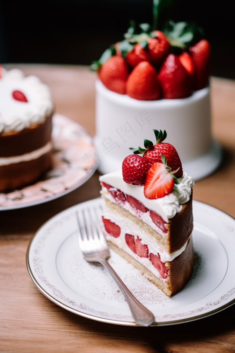 三角蛋糕草莓奶油甜点摄影图
