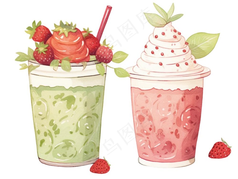 抹茶草莓奶茶奶油夏日清凉饮品卡通手绘插画免抠(1232x928)