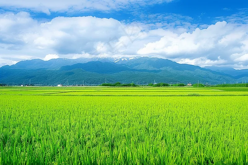 大片农田水稻远山蓝天白云摄影图(4032x2688)