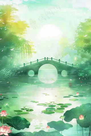 春夏绿意风景小清新荷花池塘拱桥绿荫阳光惊蛰春分立夏夏至水彩插画背景