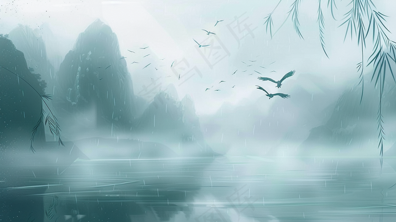 水墨山水画阴雨连绵青山插画背景(4368x2448)