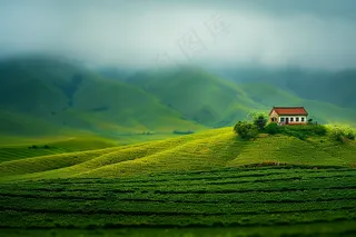 春天草甸山峦树木草地摄影图