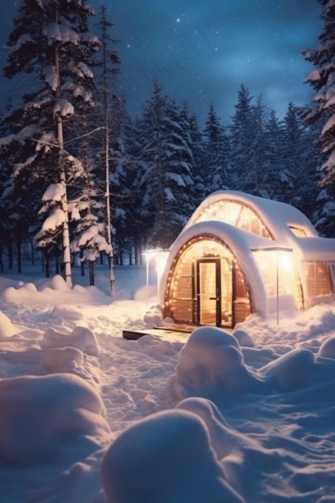 童话故事意境雪屋背景(896x1344)