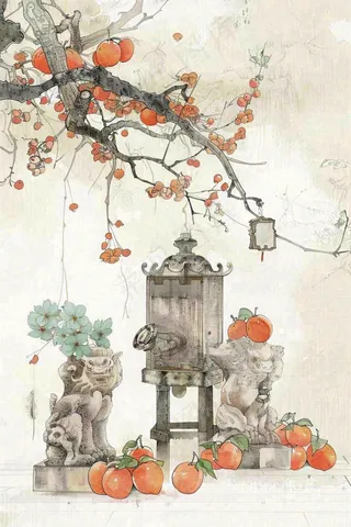 水墨画静物速写柿子花瓶柜台秋天立秋中国风插画背景