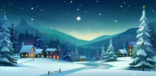 冬季雪天圣诞小镇装饰夜晚节日氛围卡通插画背景