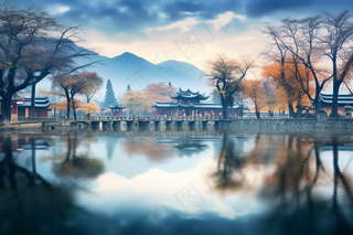 古风古城小镇夕阳美景湖面倒影村庄摄影图