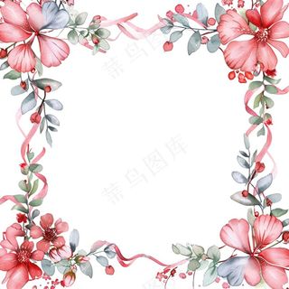 春天粉色花环水彩插画免抠