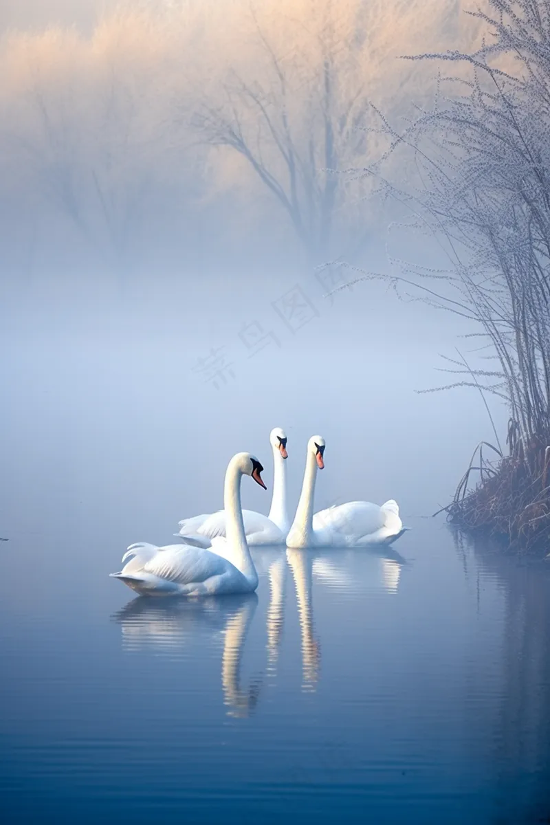 秋季晨雾湖中的白天鹅摄影图(2688x4032)