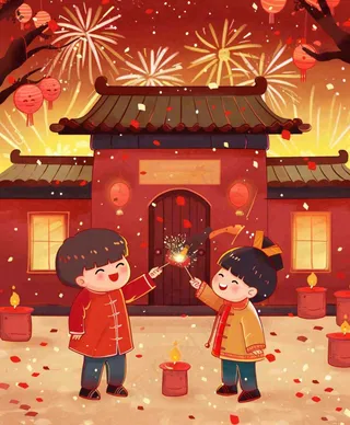 新年热闹儿童在家门口放烟花春节喜庆庆祝春节小年除夕夜元宵卡通插画背景