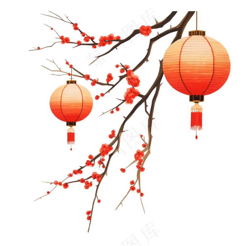 新年梅花枝条挂红灯笼喜庆红色卡通插画免抠(1024x1024)