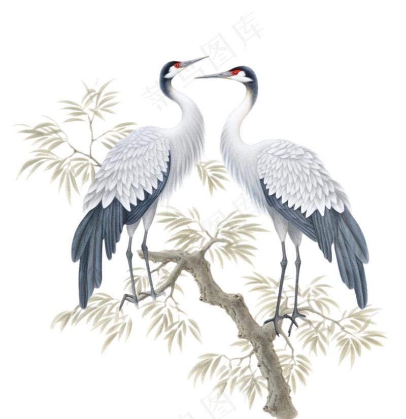 一对仙鹤站在松树上古风插画免抠(1024x1056)