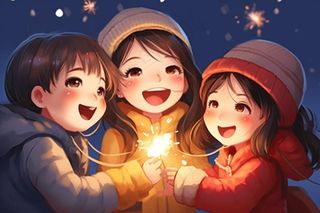 新年除夕放烟花爆竹的孩童庆祝新年喜庆卡通插画背景