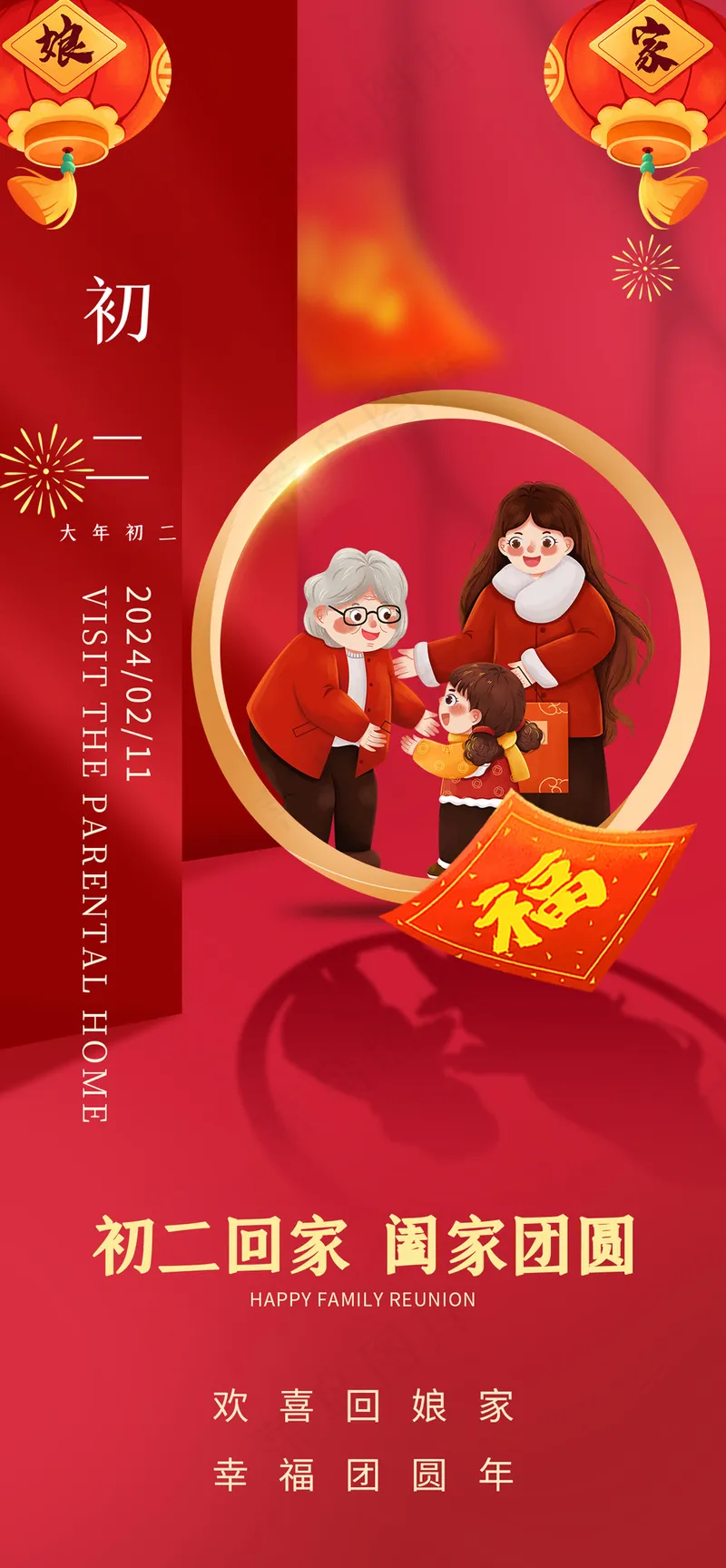 春节年俗大年初二回娘家海报psd模版下载