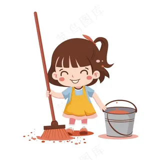 扫地的小女孩搞卫生劳动卡通插画免抠