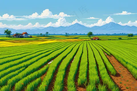 晴朗天空下稻田图片