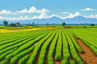 晴朗天空下稻田图片