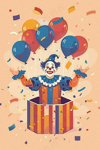 小丑搞怪愚人节游乐园礼盒彩带气球庆祝卡通插画背景