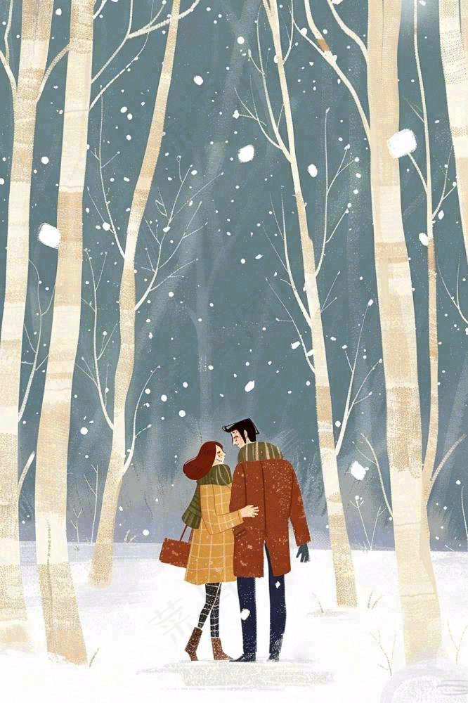 冬天森林里的情侣相拥赏雪白桦树白雪立冬小雪冬至卡通插画背景(896x1344)