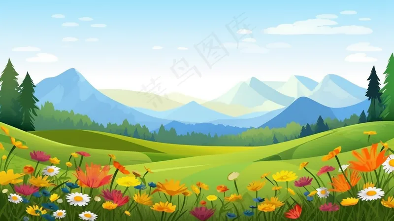 山野花丛森林草原高山卡通插画背景(4368x2448)