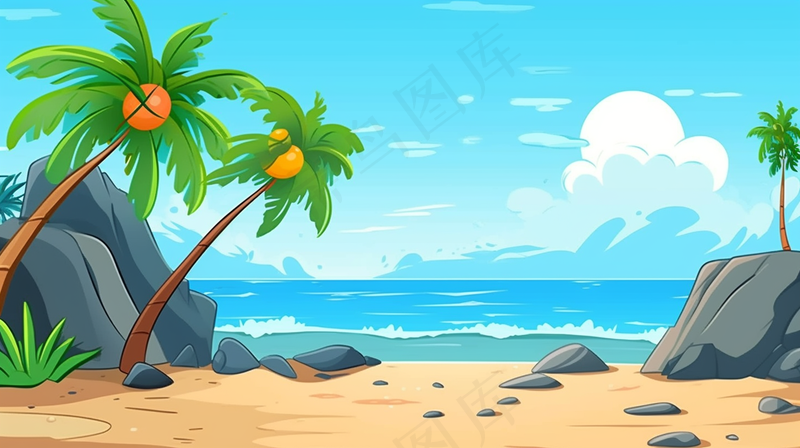 海边沙滩礁石椰树海岛卡通插画 背景(4368x2448)