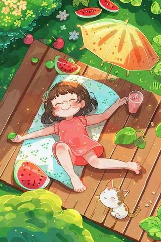 夏季乘凉吃西瓜场景女孩躺着庭院大暑小暑插画炎热插画背后