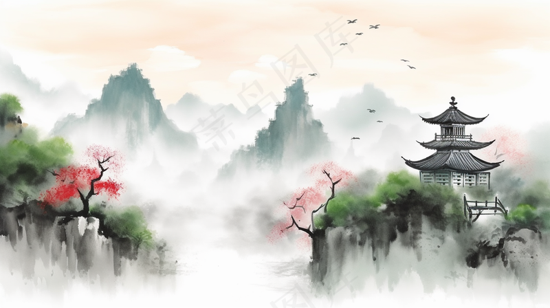 国风山水画河流花草国画水墨画素材背景