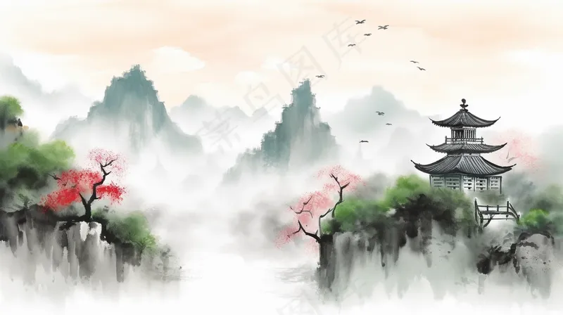 国风山水画河流花草国画水墨画素材背景(4368x2448)