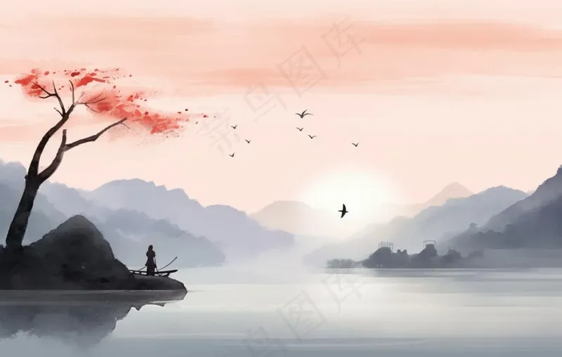 山水水墨画云层山峰中国风插画背景(1360x864)