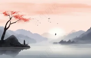 山水水墨画云层山峰中国风插画背景