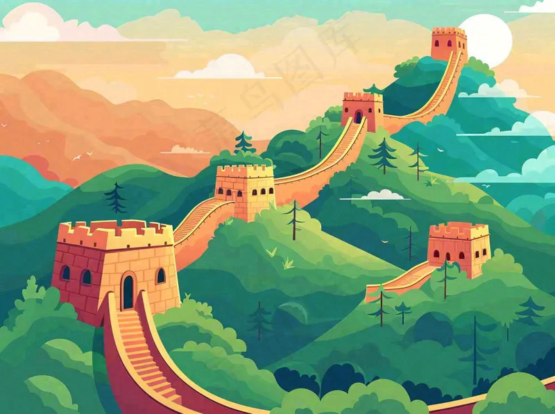 万里长城中国山河国潮插画北京旅游景点八一建军节红色文化卡通插画背景(1264x944)