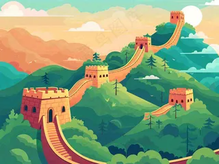 万里长城中国山河国潮插画北京旅游景点八一建军节红色文化卡通插画背景