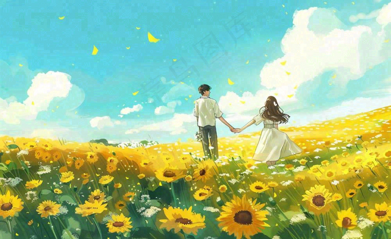 向日葵花海里的情侣恋人浪漫蓝天白云立夏夏至情人卡通插画背景(1408x864)