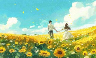 向日葵花海里的情侣恋人浪漫蓝天白云立夏夏至情人卡通插画背景